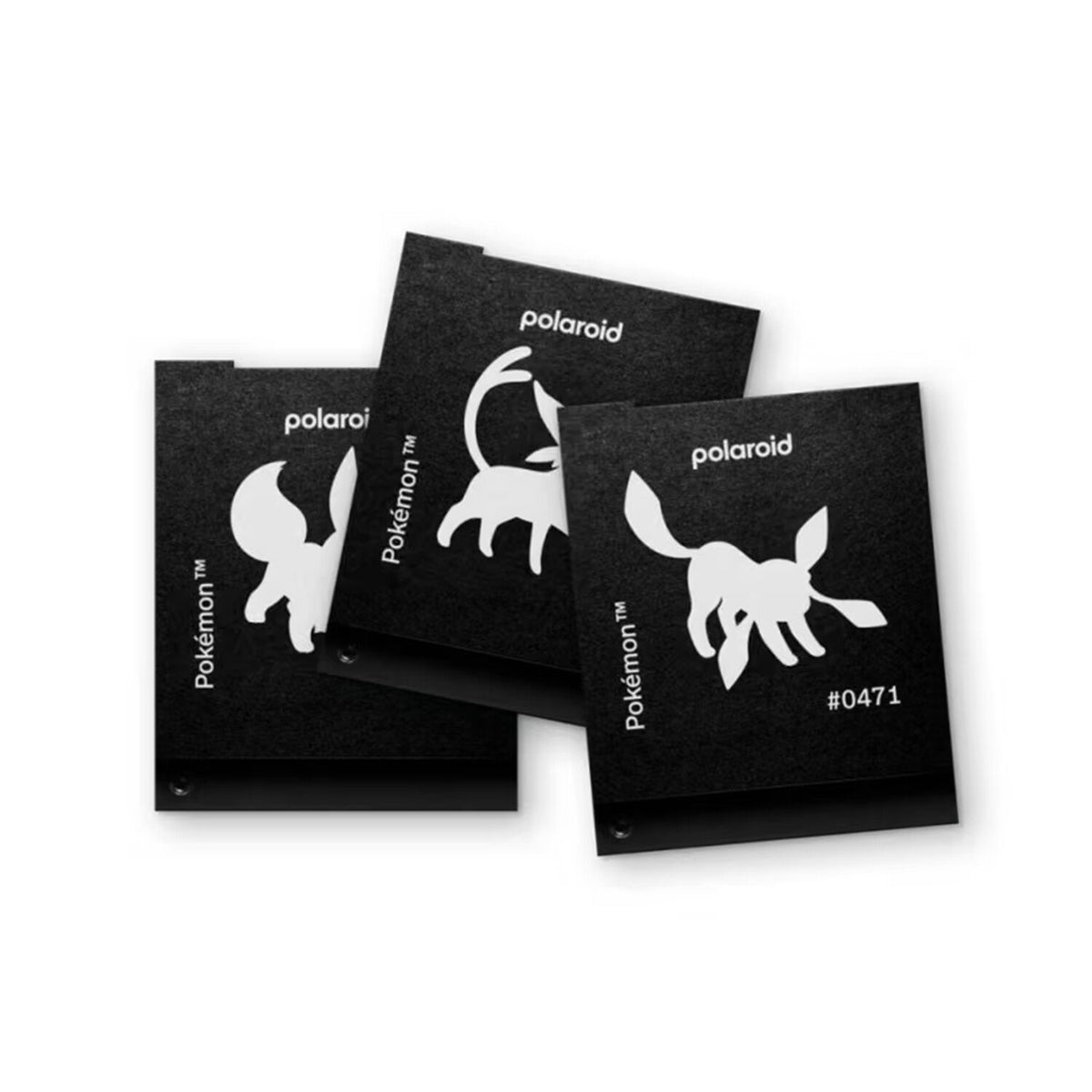 Black Polaroid Go darkslides printed with white Pokémon silhouettes