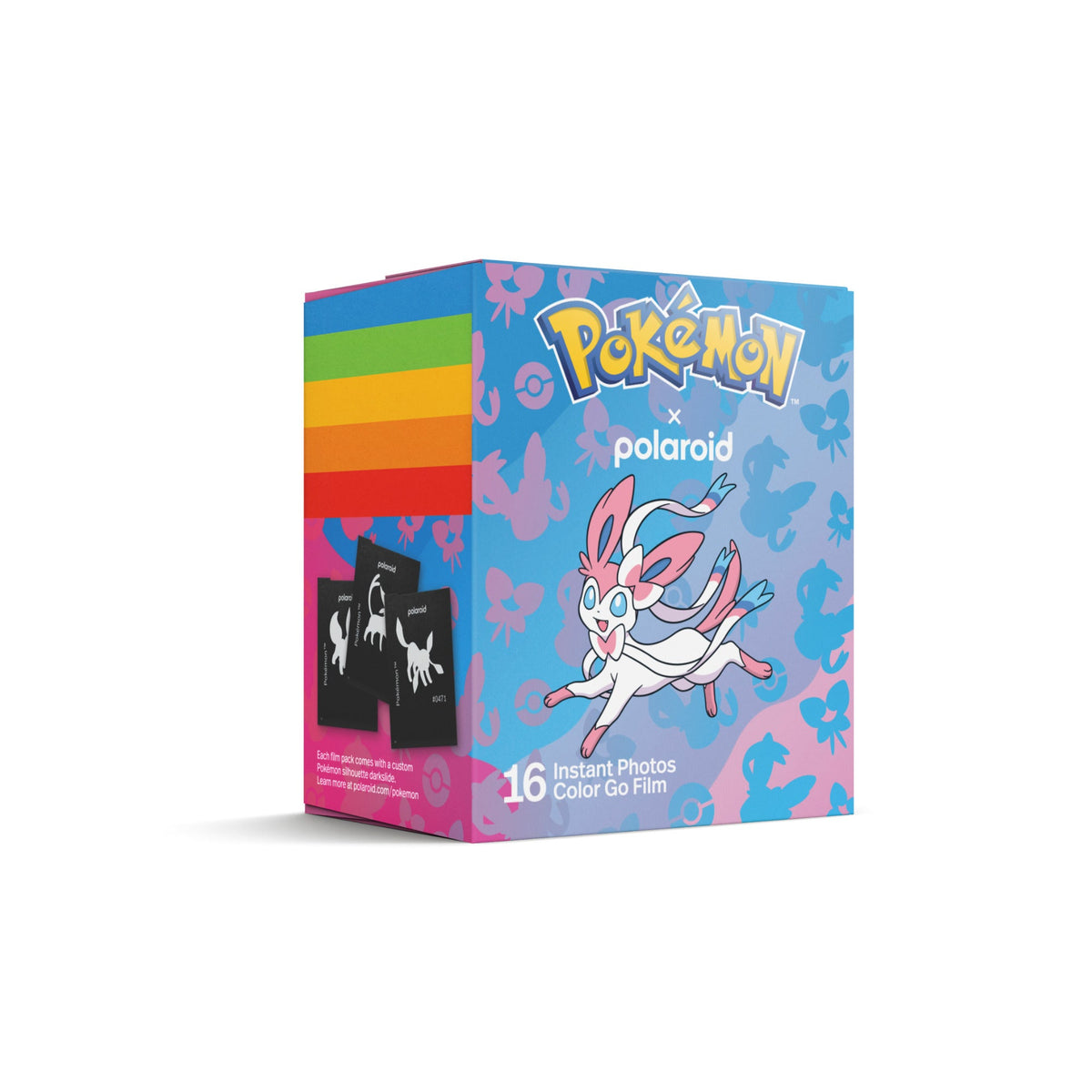 Polaroid Go Color Film Sylveon Edition box showing the rainbow stripe side