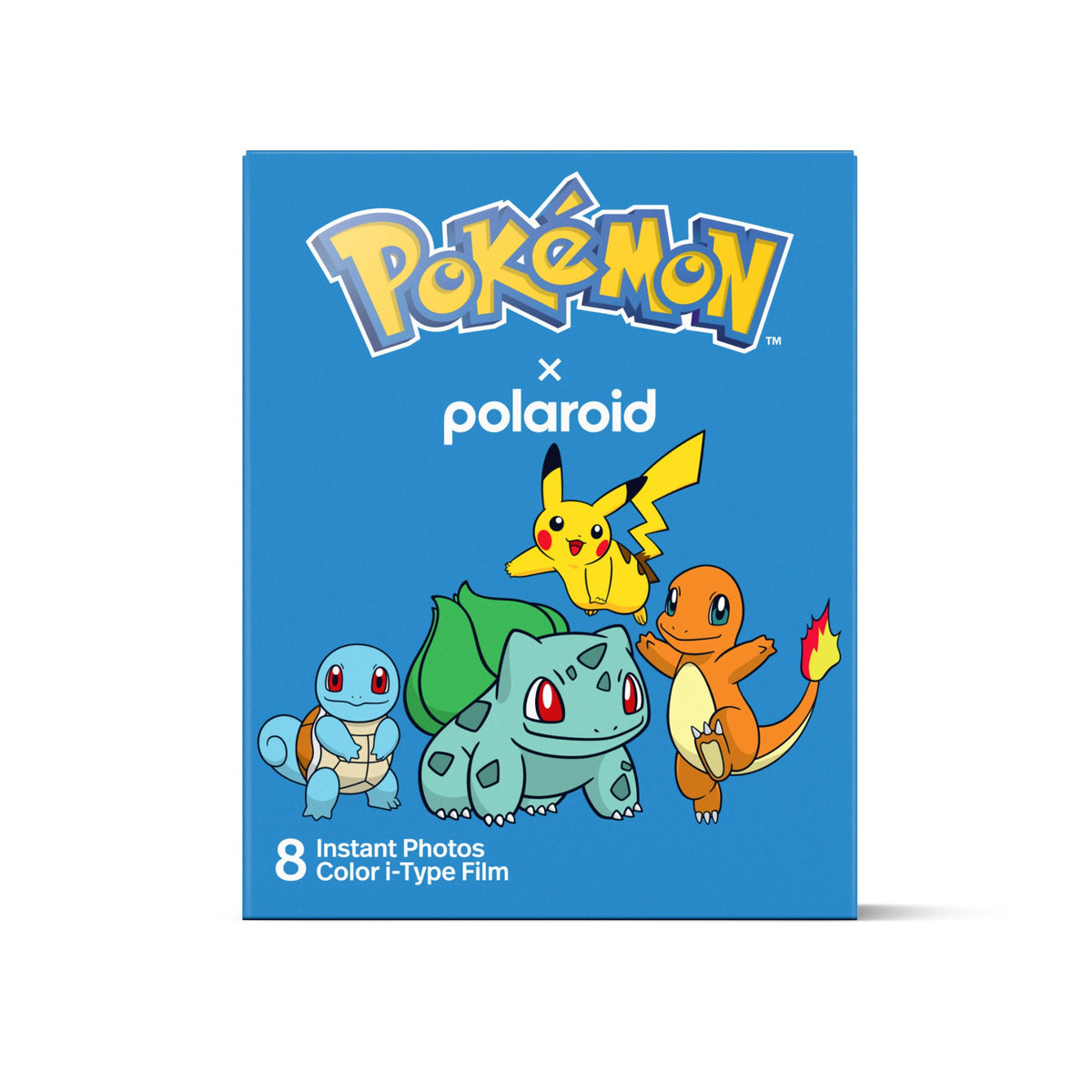 Front of the blue Polaroid x Pokémon Color i-Type Film box with Pikachu, Charmander, Squirtle and Bulbasaur