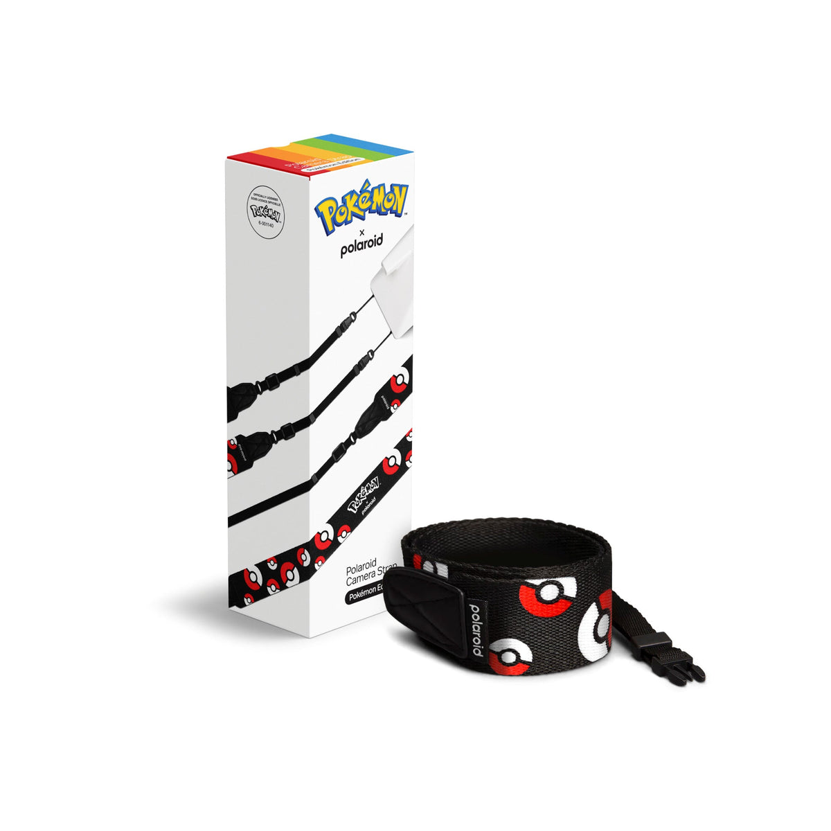Polaroid Camera Strap Pokémon Edition next to its retail box