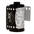 Black and silver b&w xx film roll with white lettering, designed for 36 exposures of black & white motion picture film.
