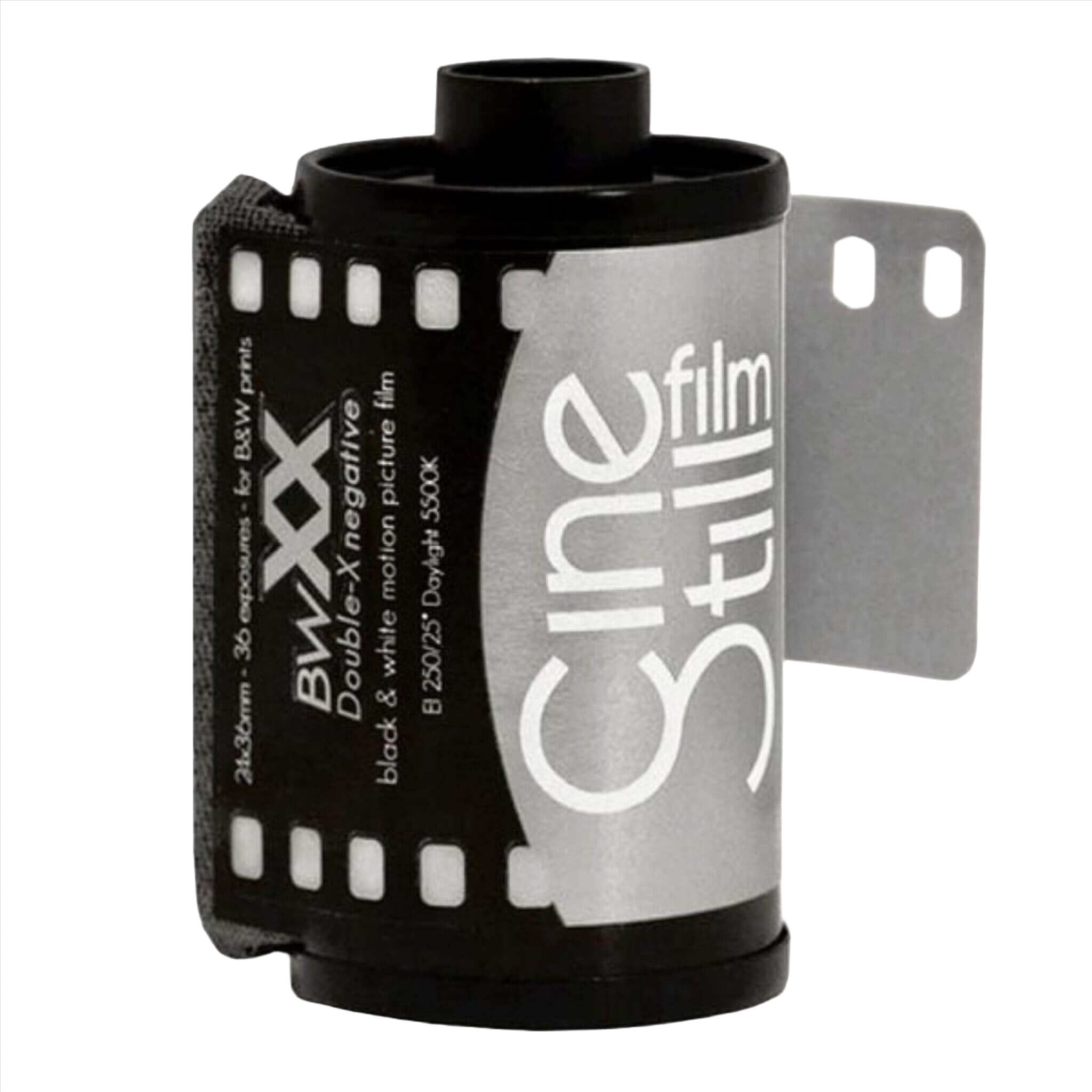 Black and silver b&w xx film roll with white lettering, designed for 36 exposures of black & white motion picture film.