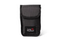 Black and white grid-patterned long weekend phone pouch with a black fabric flap.