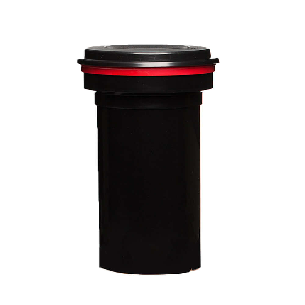 Black cylindrical container with a matching black lid accented by a vibrant red ring around its base.