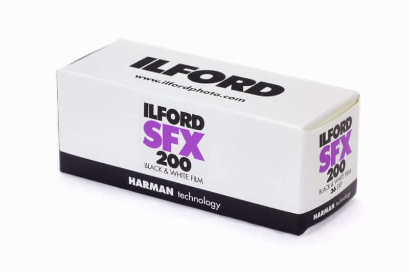 White rectangular box of ilford sfx 200 black & white film with purple and black text, featuring ’harman technology’ branding.
