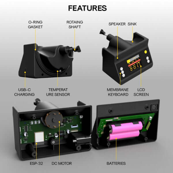 Features of the device including O-Ring gasket, rotating shaft, speaker, LCD screen, USB-C charging, temperature sensor, and batteries.