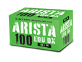 Bright green box of arista edu dx 100 black and white photographic film.