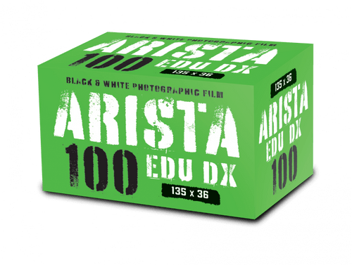 Bright green box of arista edu dx 100 black and white photographic film.