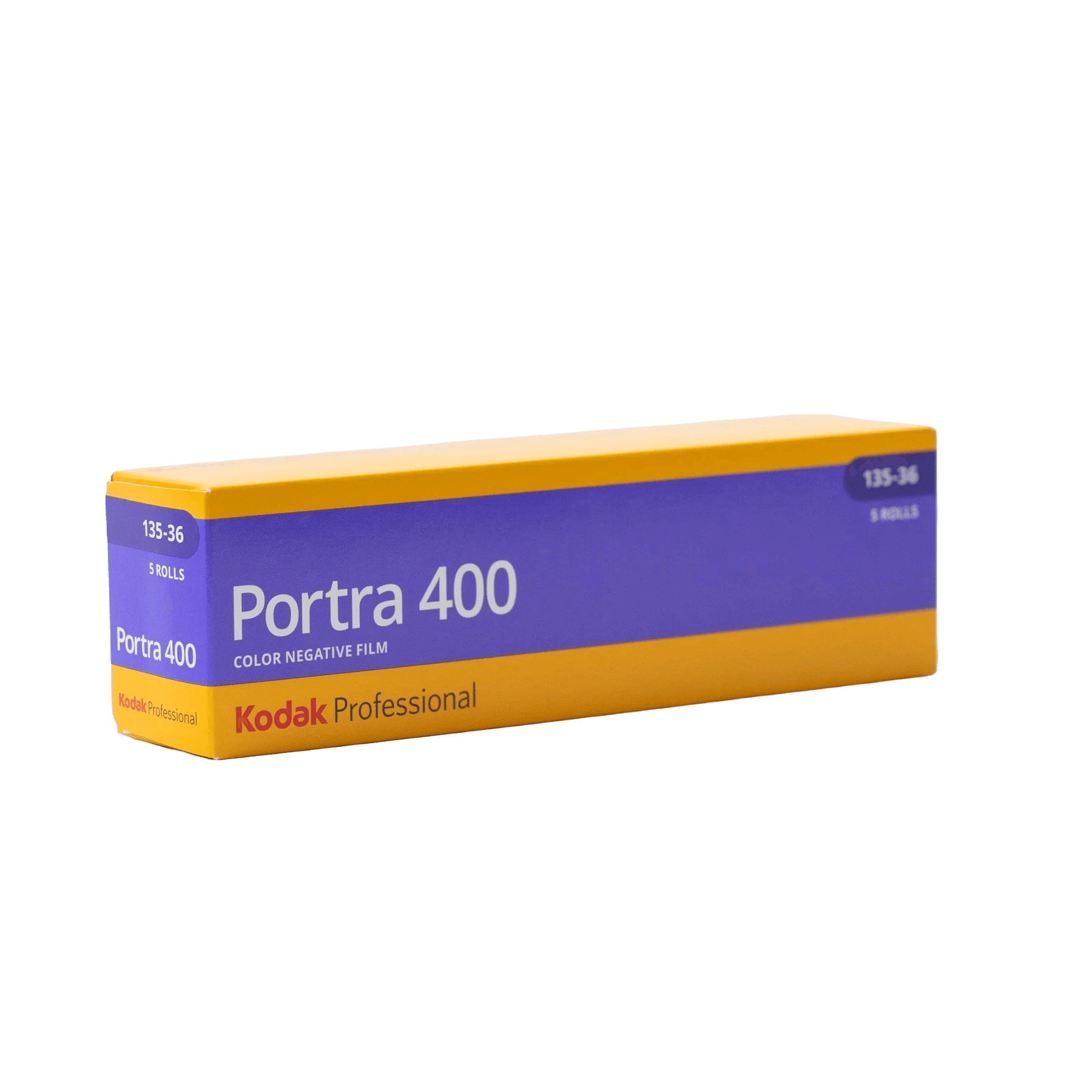 Kodak professional portra 400 color negative film in a vibrant yellow and purple box.