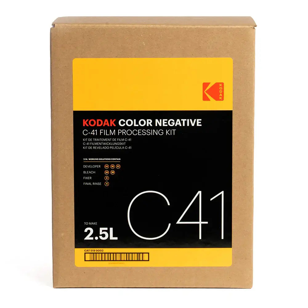 Kodak c-41 color negative film processing kit in a brown cardboard box with a yellow and black label.