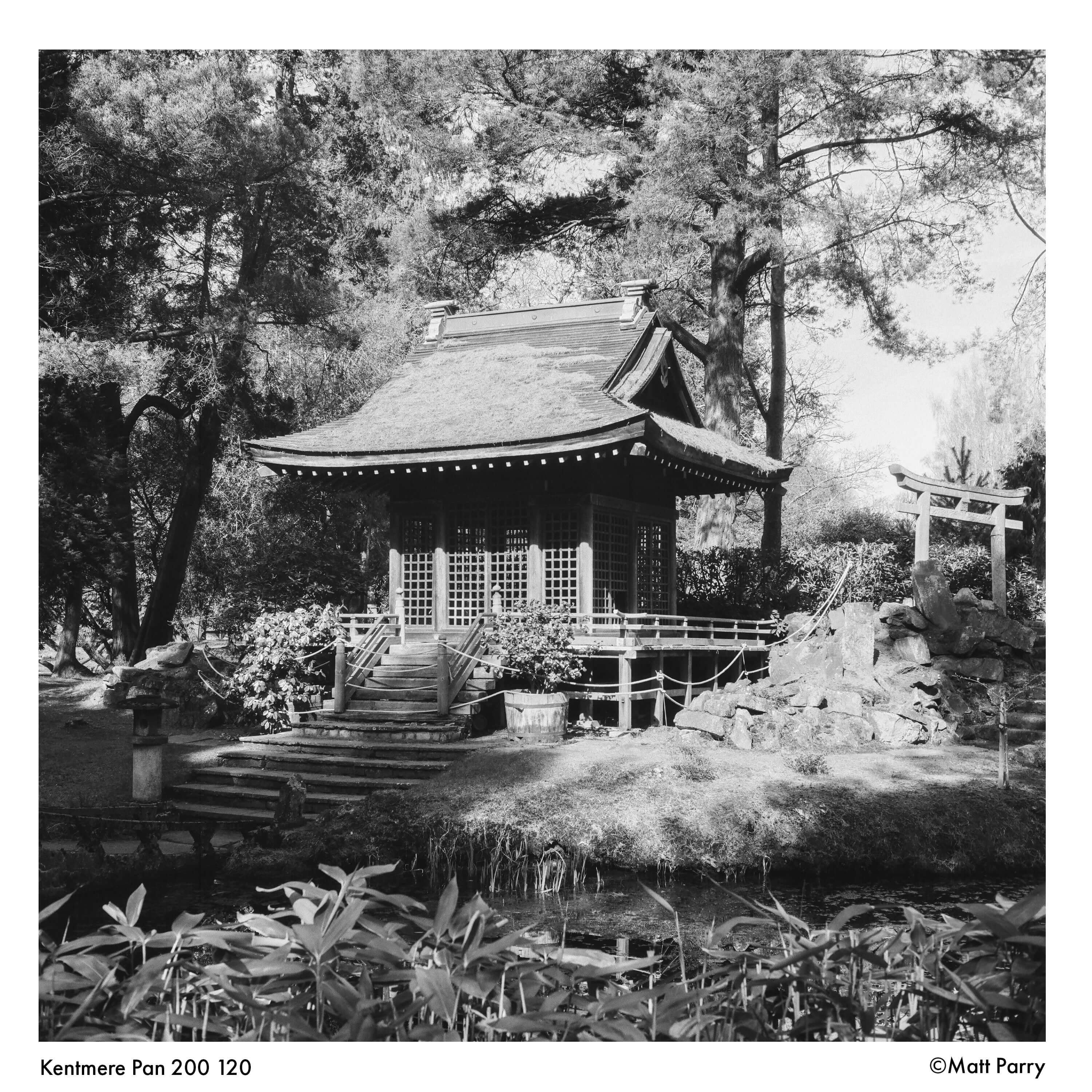 Traditional japanese pavilion with a curved, tiled roof and wooden lattice windows.