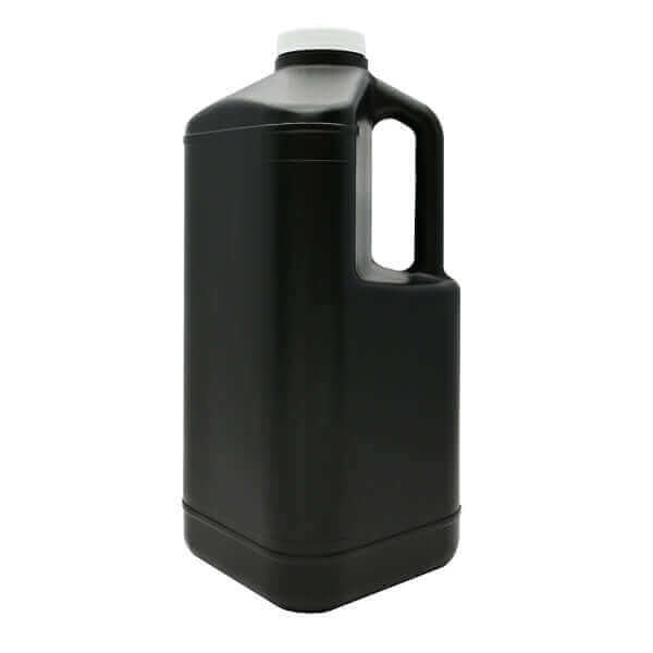 Black plastic jug with a white cap and integrated handle.