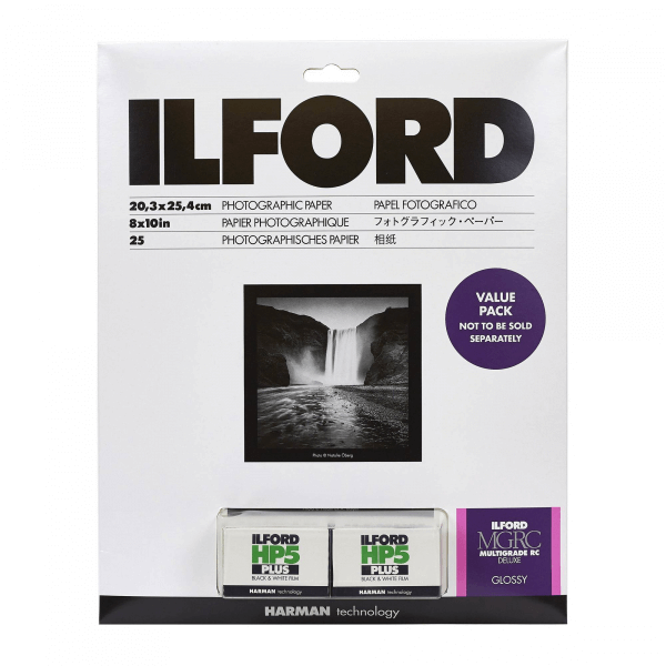 Ilford photographic paper pack featuring 25 sheets of glossy hp5 plus and ilford multigrade rc deluxe in a value pack.