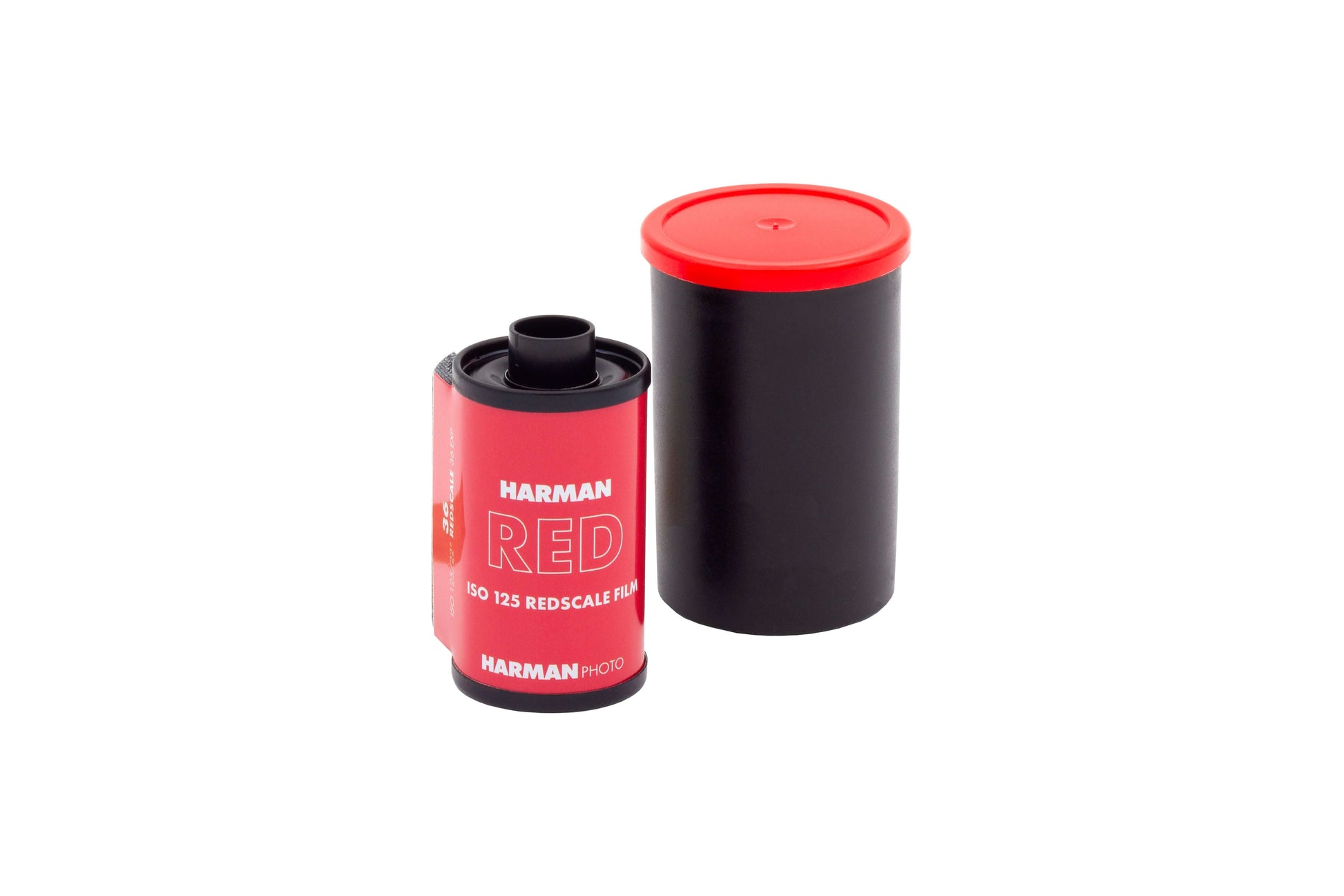 2 rolls of Harman Red 125 ISO Redscale 35mm film with a black canister and red lid.