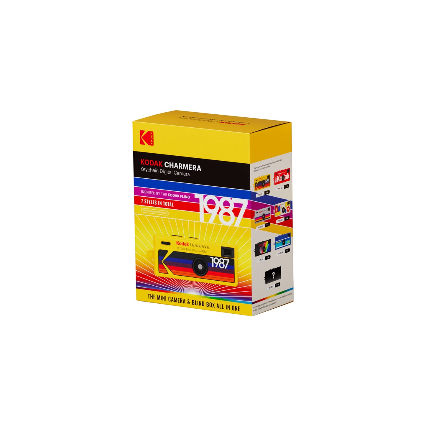 PRE-ORDER Kodak Charmera Keychain Digital Camera packaging with colorful design and features.