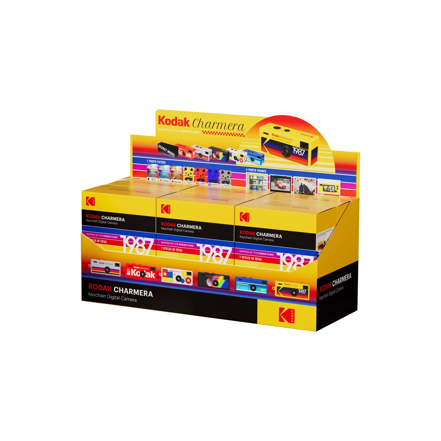 PRE-ORDER Kodak Charmera Keychain Digital Camera display showcasing various models and packaging.