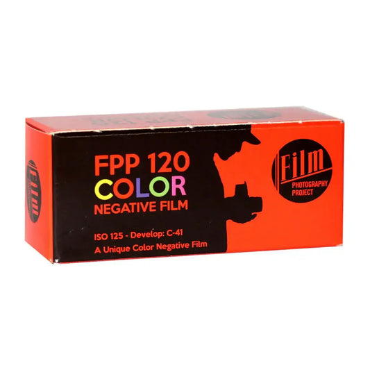 FPP 120 color negative film packaging with ISO 125 and C-41 development instructions from Film Photography Project.