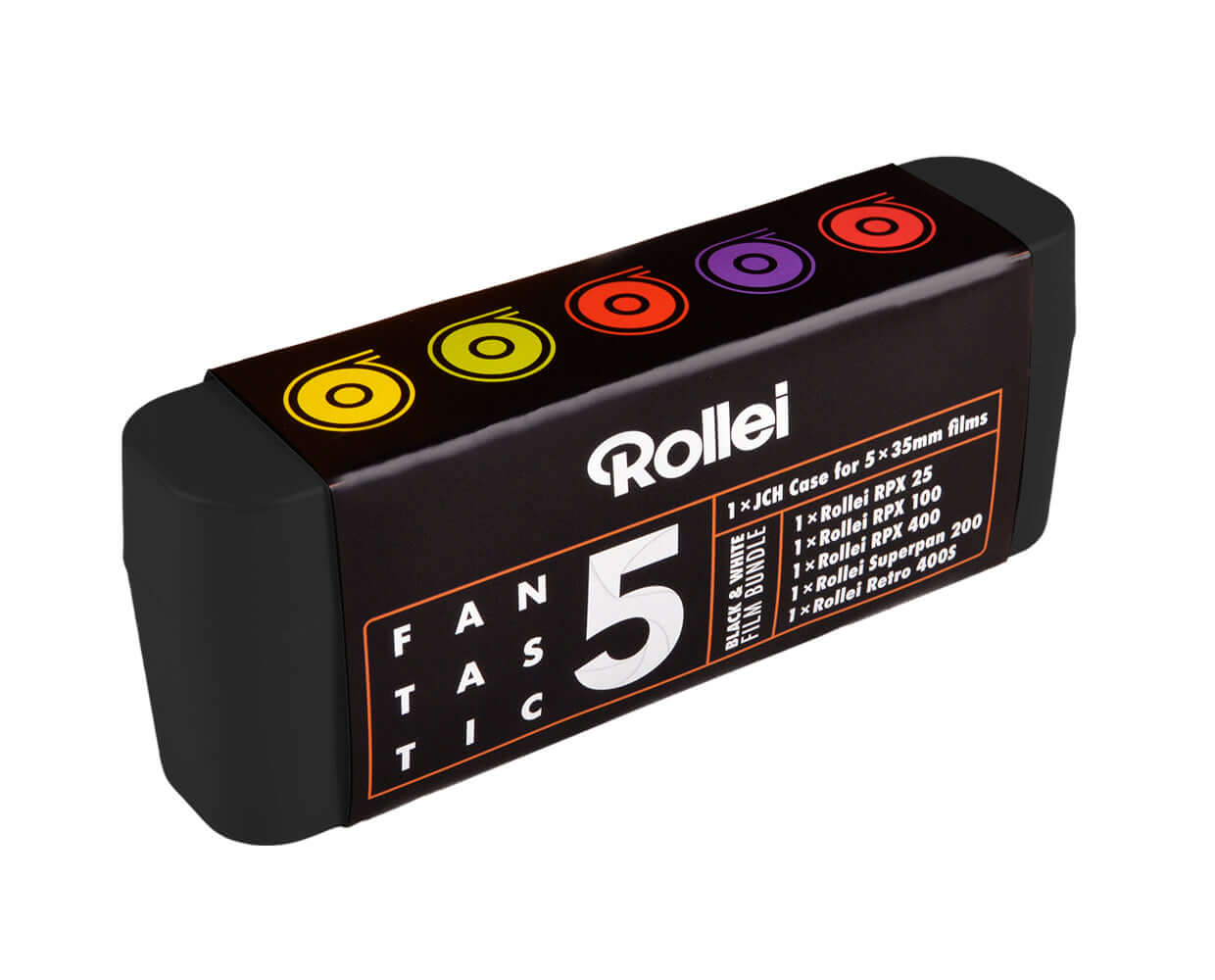 Rollei Fantastic 5 BW 35mm 5-pack Film Bundle in black case with colorful labels