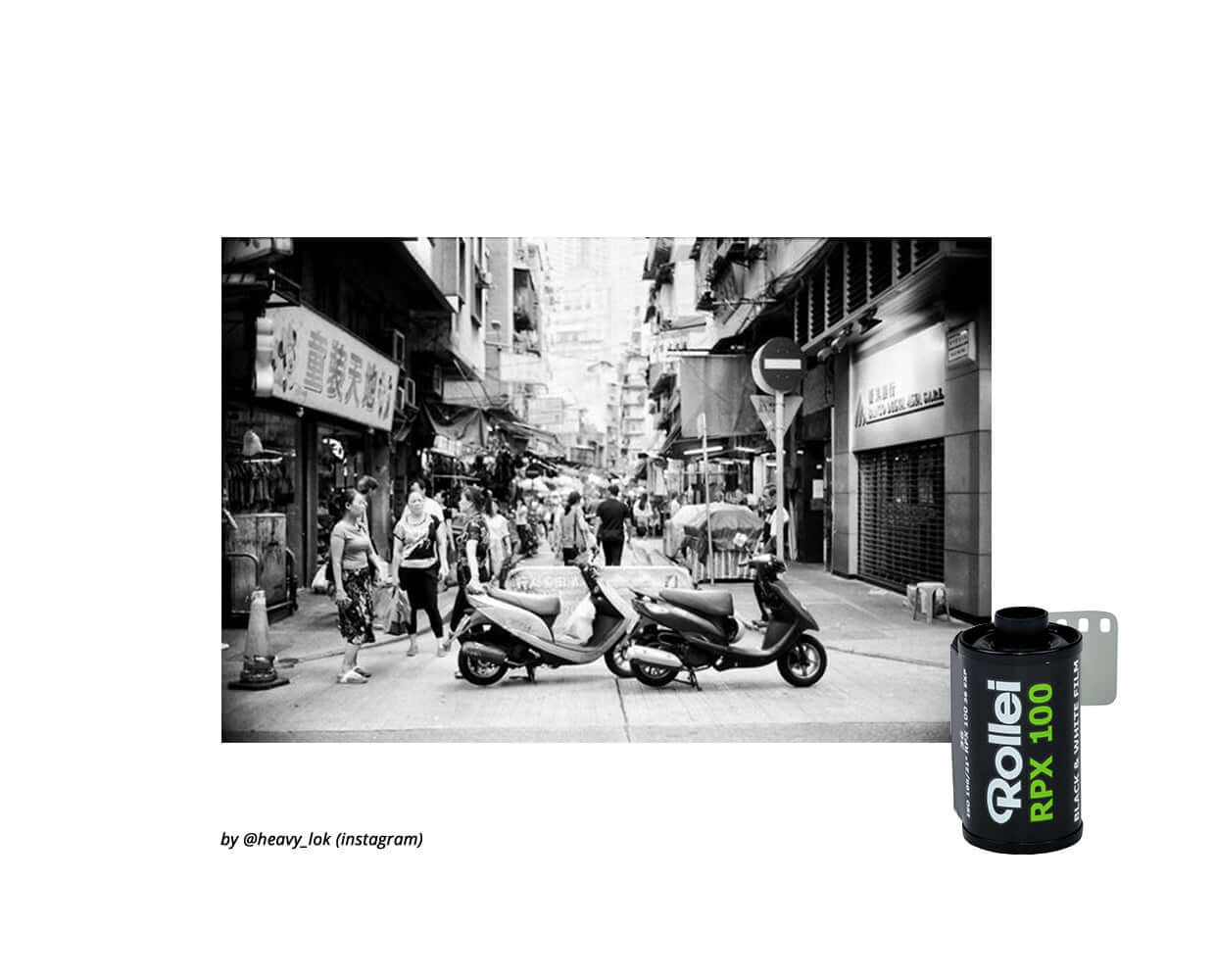 Black and white street scene with scooters and pedestrians, showcasing Rollei RPX 100 film canister for high-detail photography.