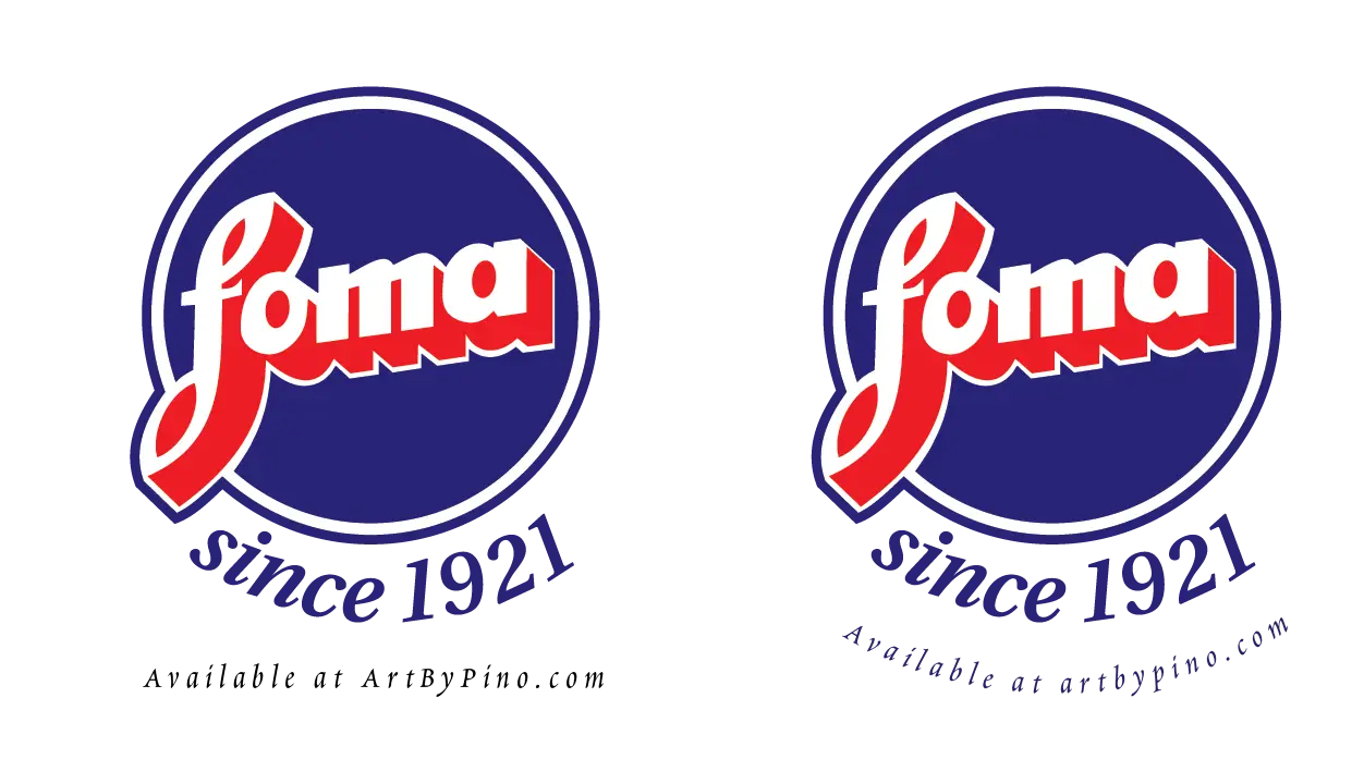 Two identical Foma films logos with red script on blue background since 1921