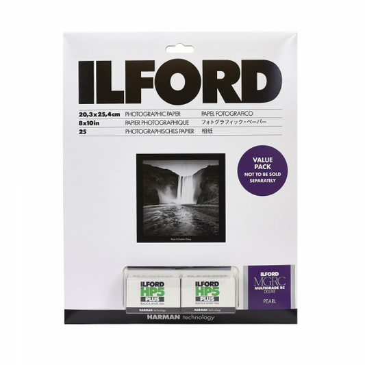 Kit de inicio Ilford: papel MGRC (perla) 8x10/25 con 2 rollos de película HP5+ 35x36