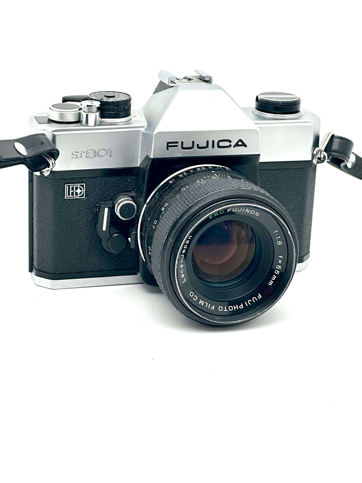 Fujica ST801 vintage 35mm SLR film camera with 55mm f1.8 Fujinon lens front view.