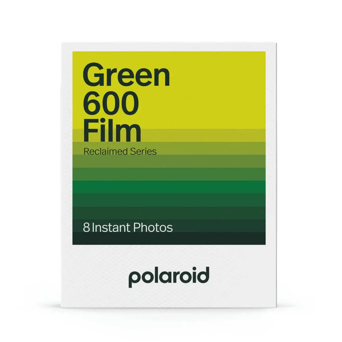 Polaroid Green 600 Film Reclaimed Series packaging for instant photo film with 8 exposures