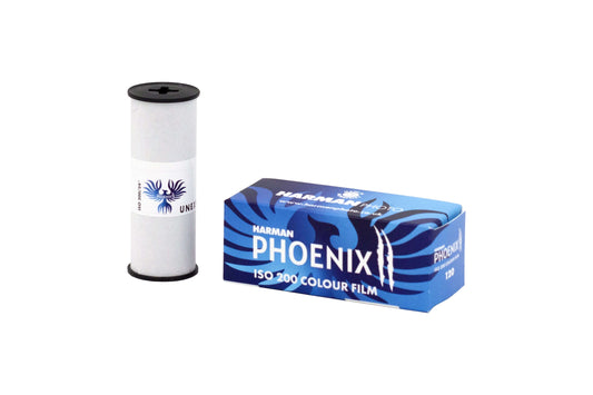 HARMAN Phoenix II ISO 200 Color Film roll and box, perfect for 120 medium format photography.