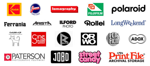 Collection of Kodak, Fujifilm, Polaroid logos with Ilford HP5 film supplies
