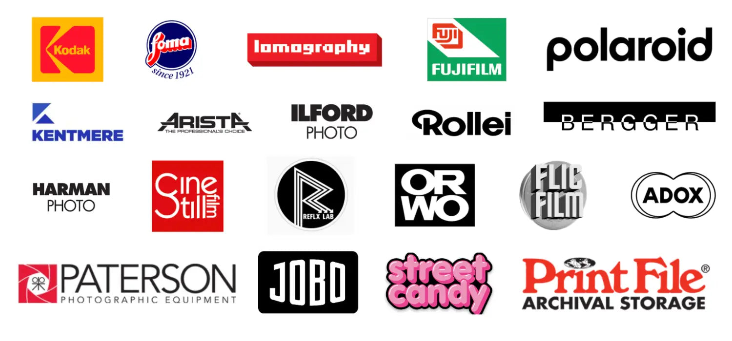 Analog film photography logos: Kodak, Fujifilm, Polaroid, Ilford