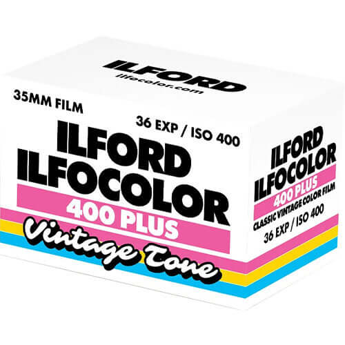 White box of ilford ilfocolor 400 plus vintage tone 35mm color film with pink, yellow and blue stripes.