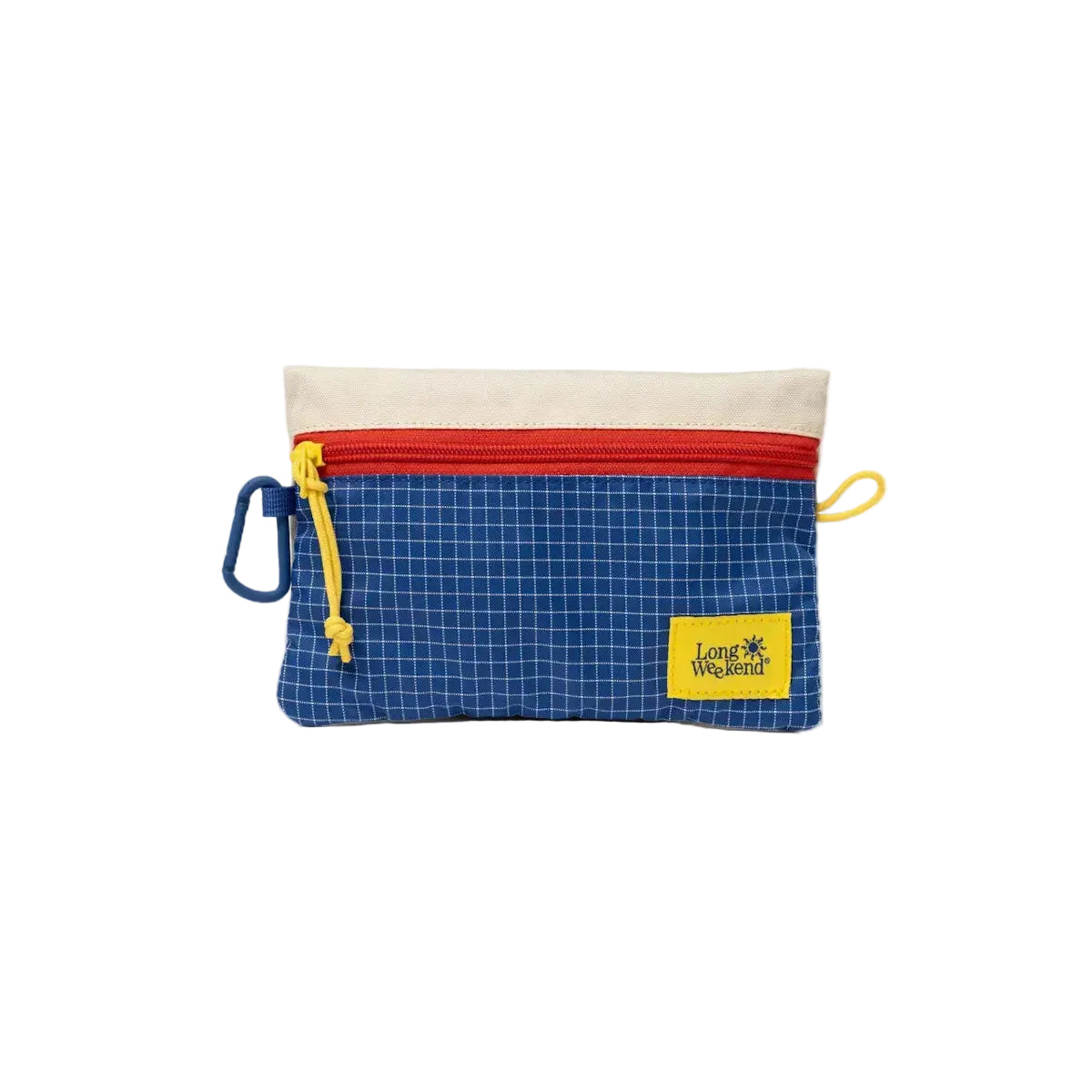 Blue grid-patterned fabric pouch with a red zipper, yellow pull tab and carabiner clip.