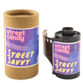 Purple and pink ’street savvy’ branded film roll with musical notes design, housed in a brown cardboard tube.