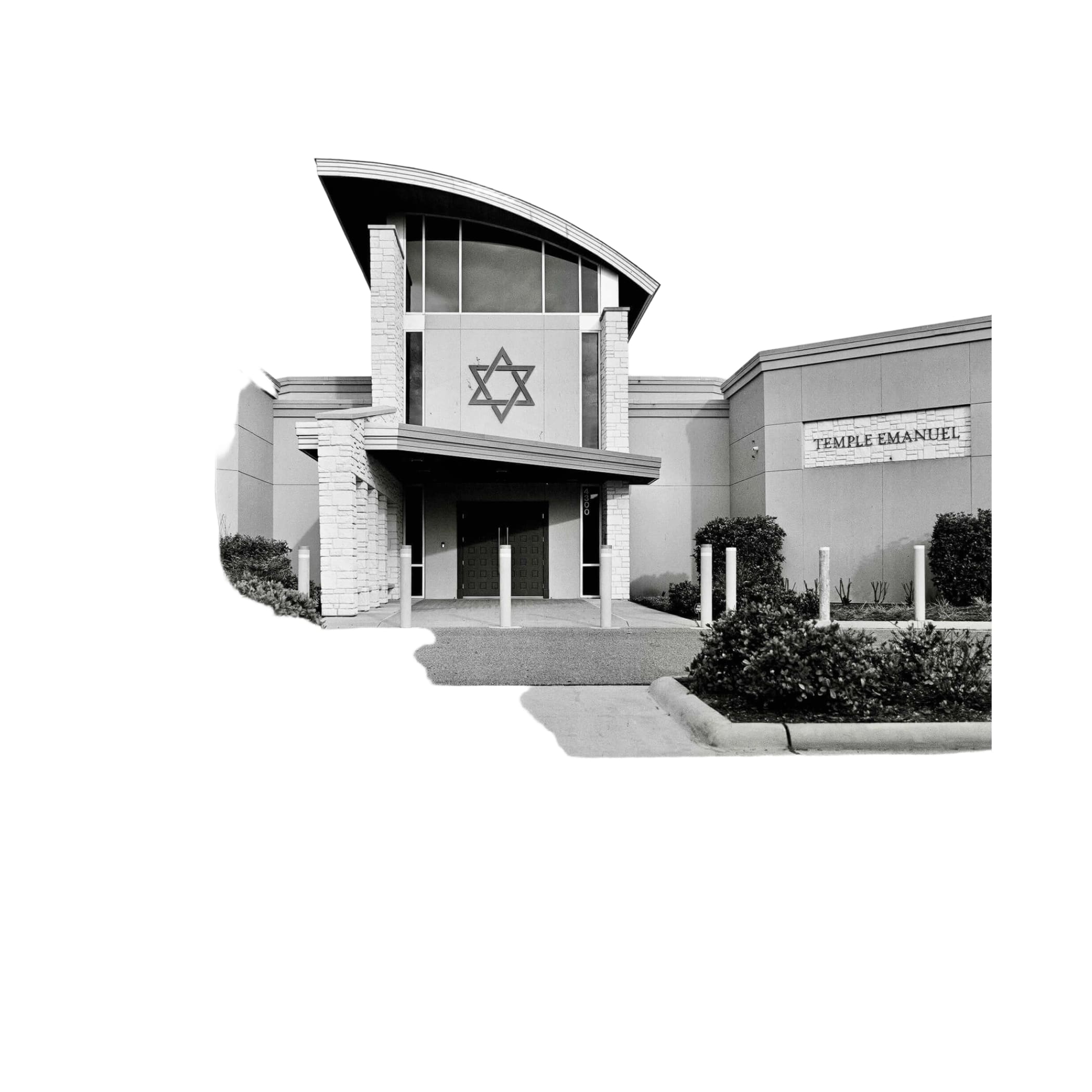The main object is a modern synagogue building with a prominent star of david emblem on its facade, constructed from light-colored stone and featuring large arched windows.