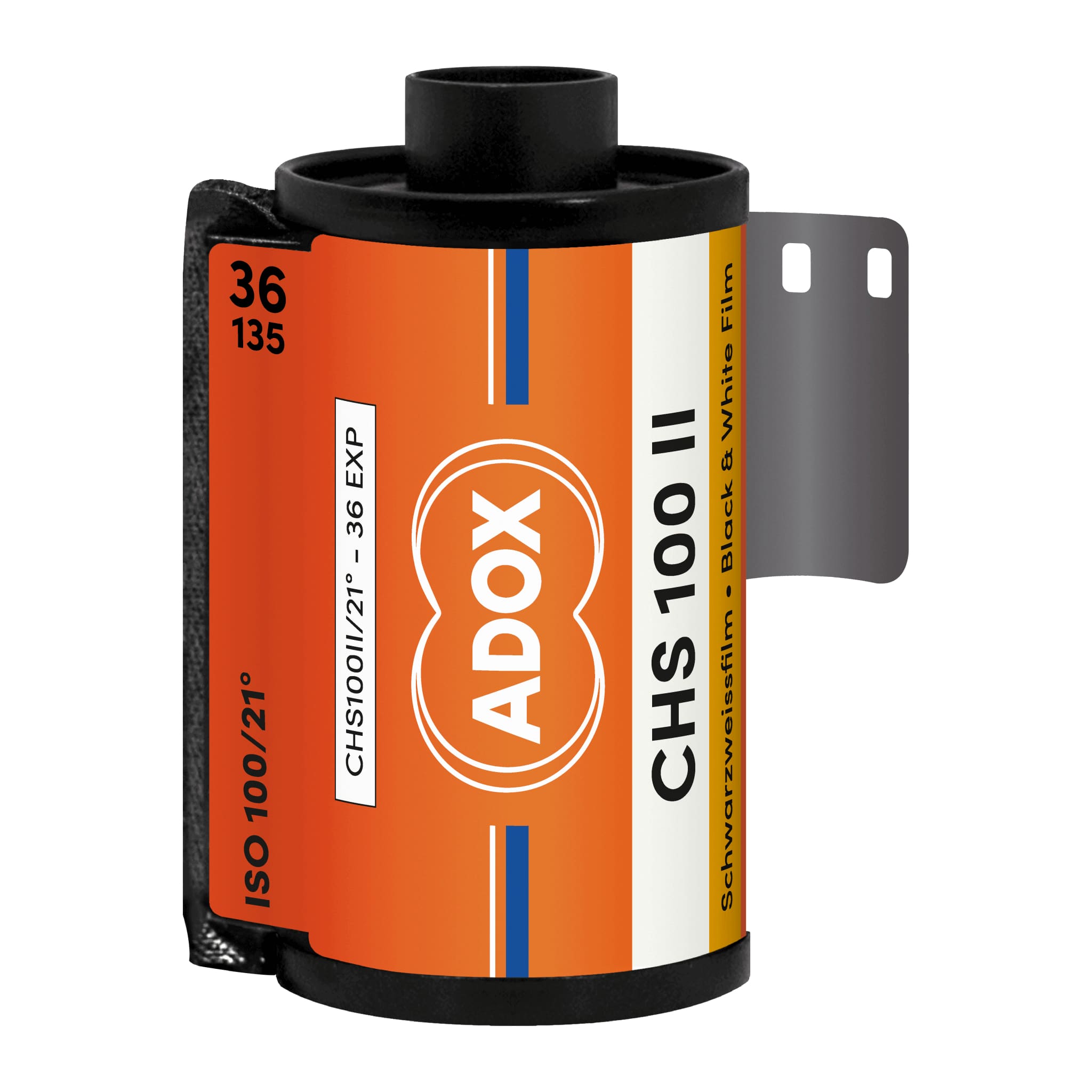Orange and white labeled adox chs 100 ii black-and-white film roll with a black plastic spool.
