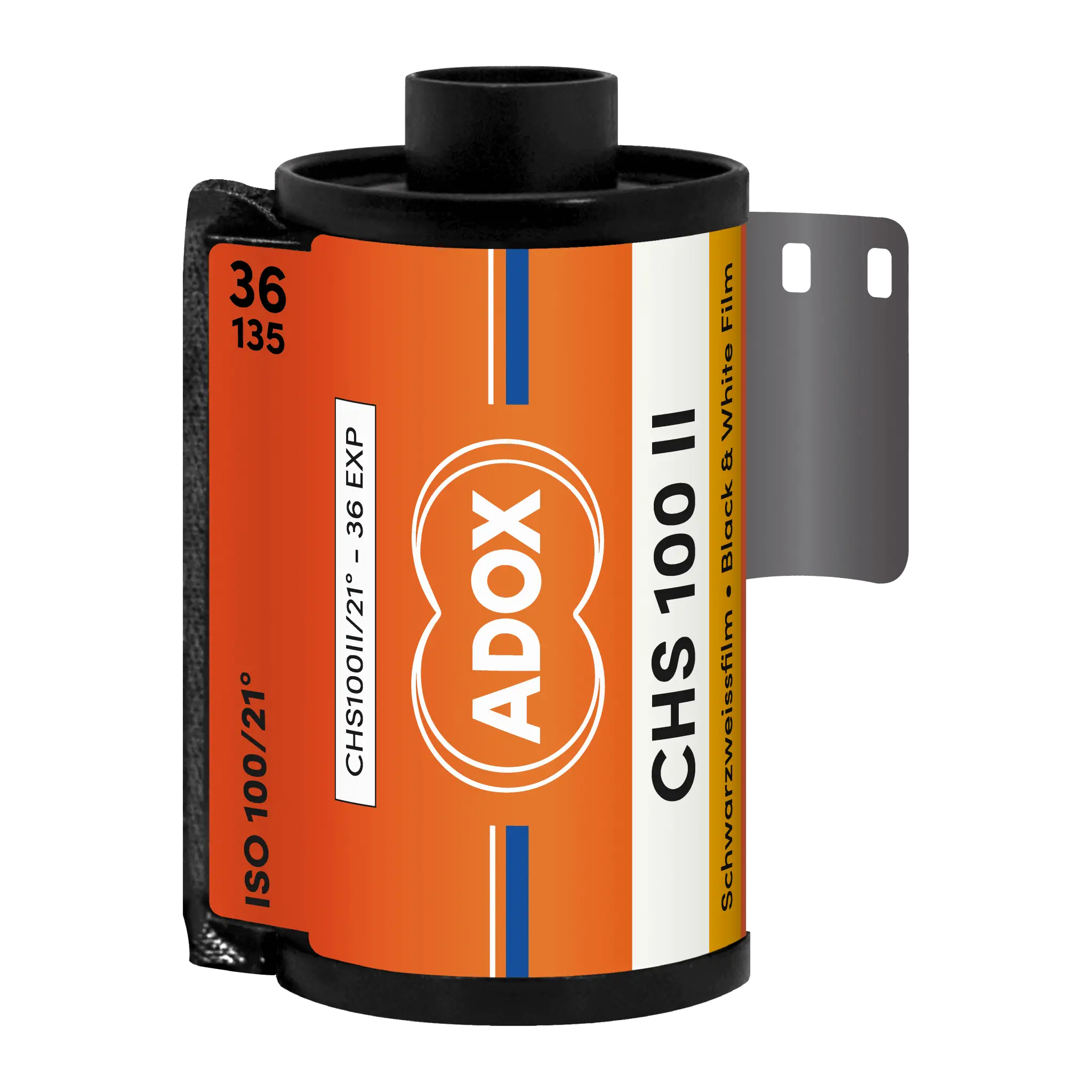 Orange and white labeled adox chs 100 ii black-and-white film roll with a black plastic spool.