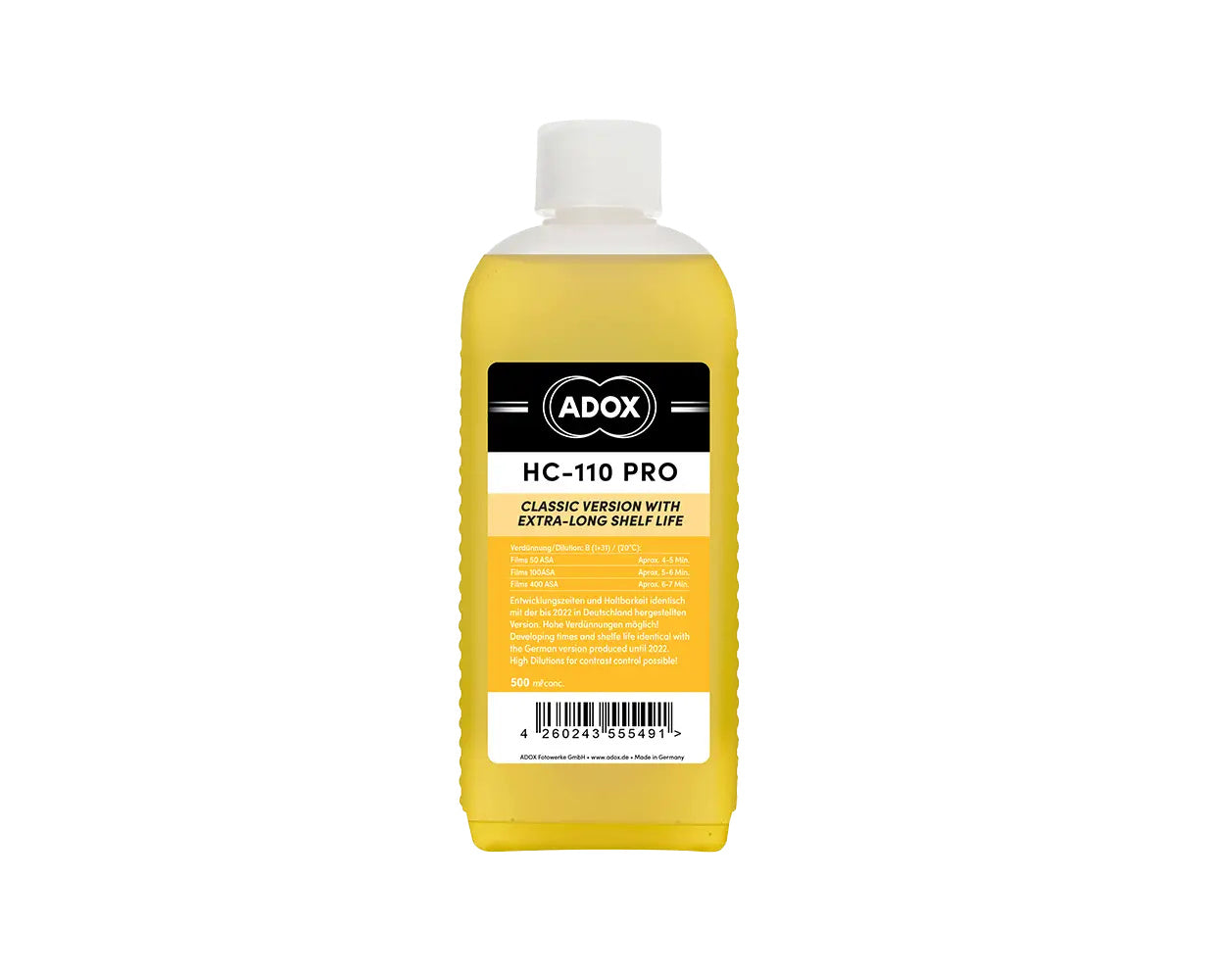 A yellow liquid-filled bottle with a white cap and black-and-yellow label, branded as ’adox hc-110 pro.’