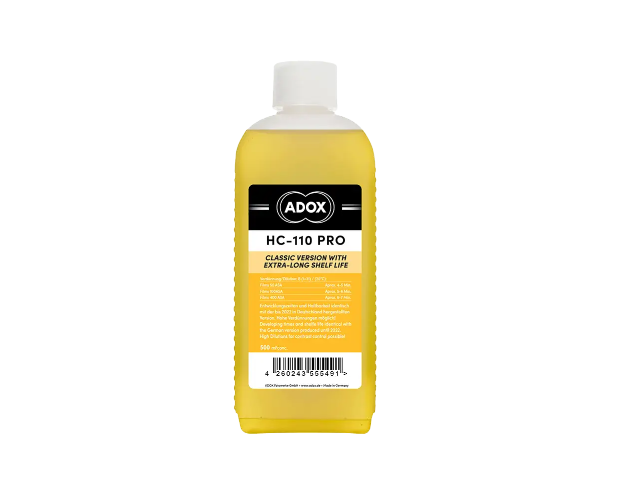 A yellow liquid-filled bottle with a white cap and black-and-yellow label, branded as ’adox hc-110 pro.’