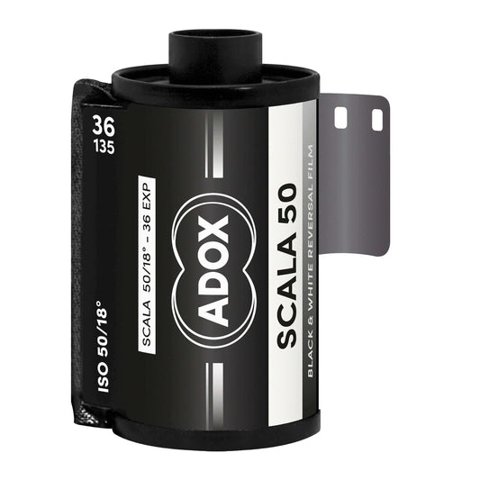 Adox Scala 50 BW reversal film roll showcasing its classic black and white transparency attributes.