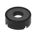 Black circular plastic component with a central hole and notched edges.