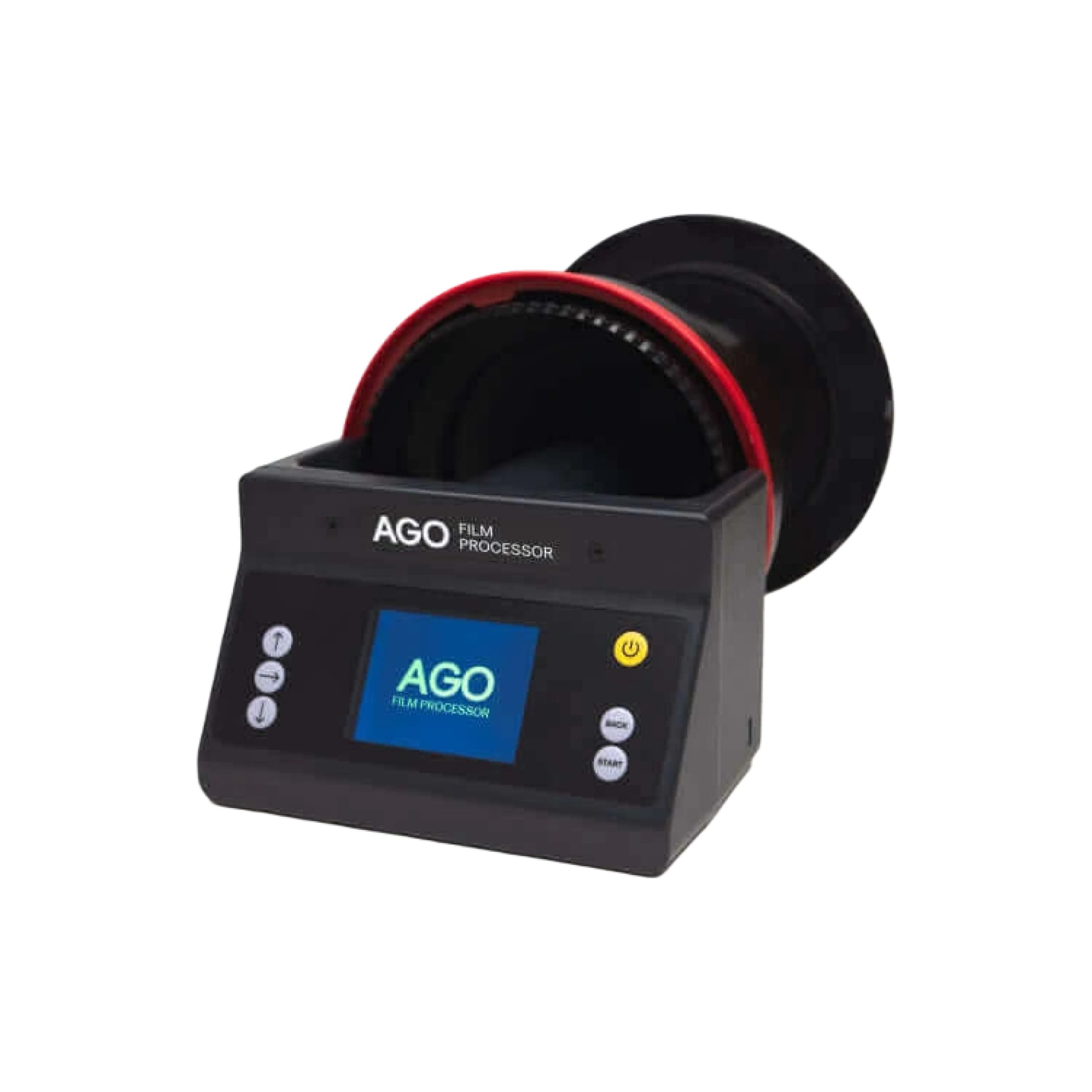 Black ago film processor with a red and black film canister slot, featuring a digital display screen and control buttons.