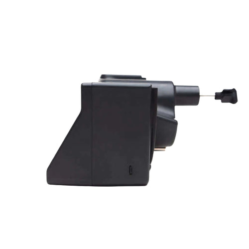 Black plastic camera lens adapter with a small black knob on the end.