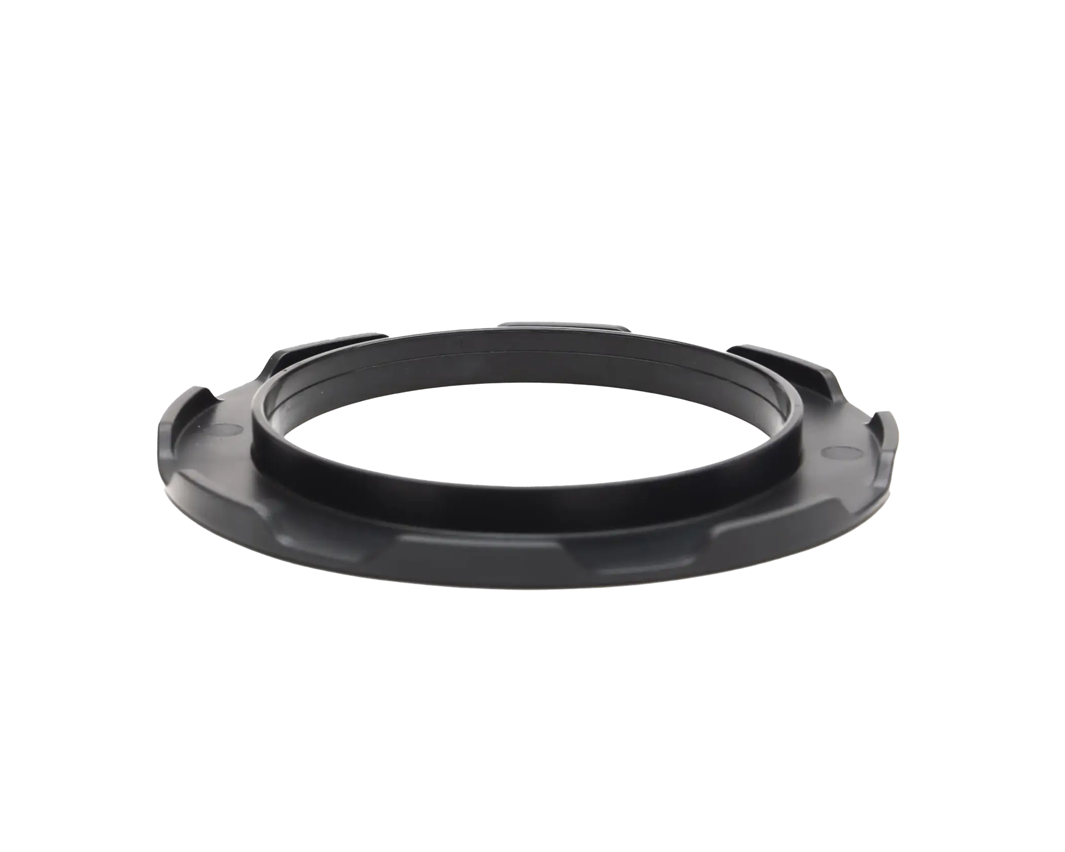 Black plastic ring adapter with textured ridges and a central groove
