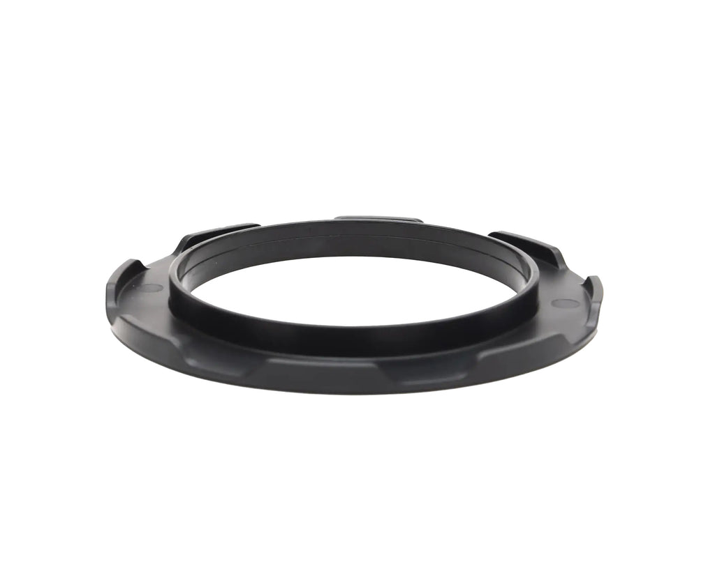 Black plastic ring adapter with textured ridges and a central groove