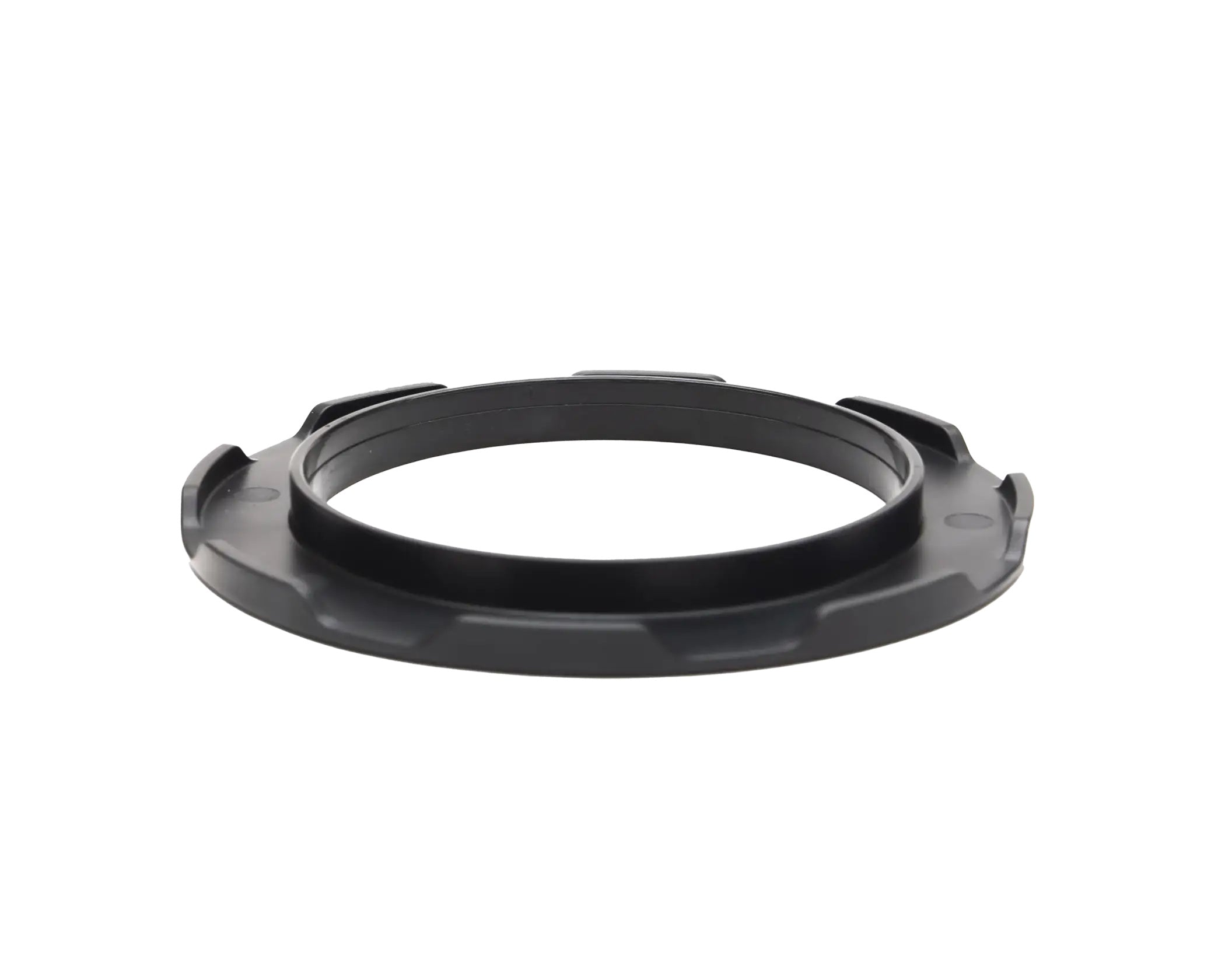 Black plastic ring adapter with textured ridges and a central groove