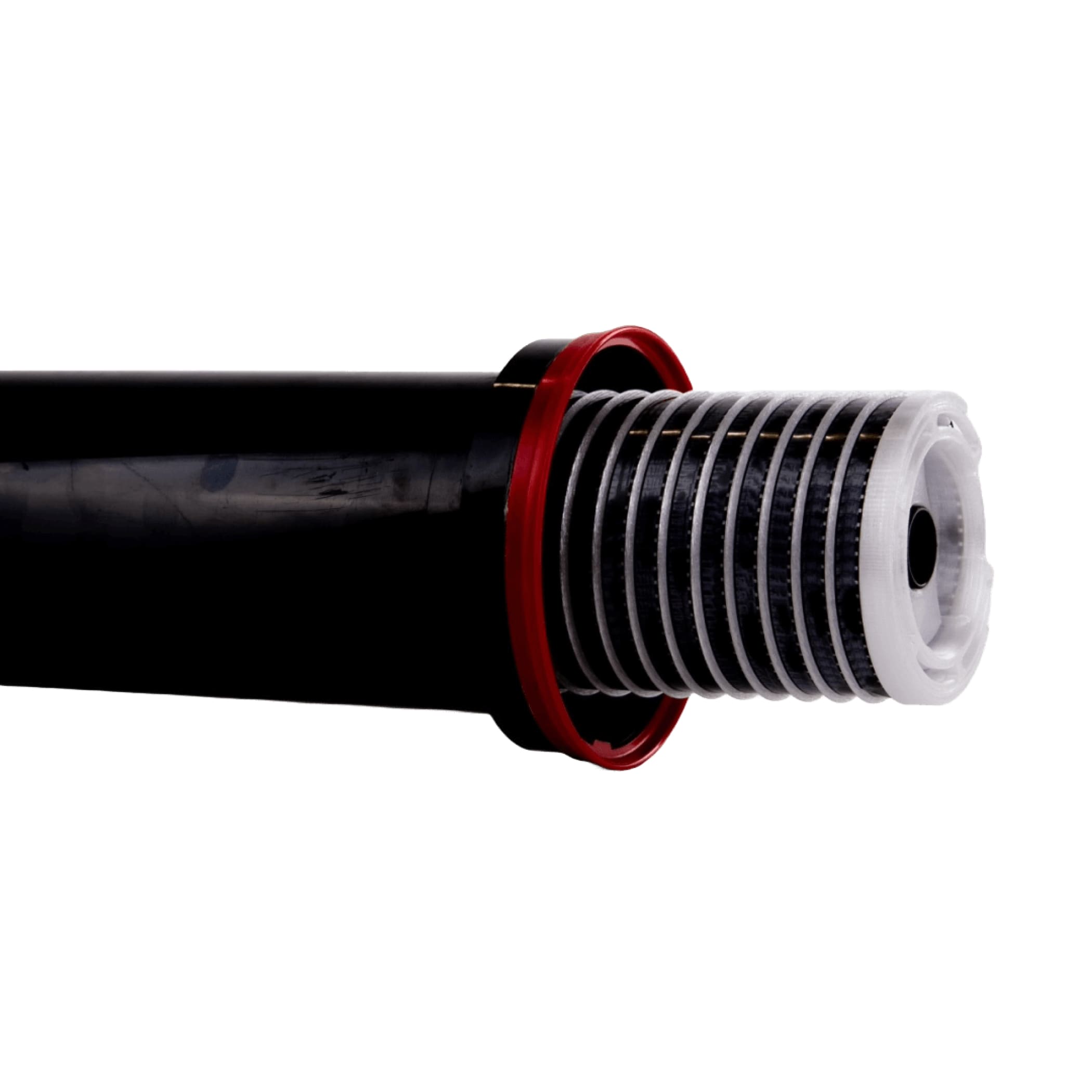 Black cylindrical water filter with red and white threaded components