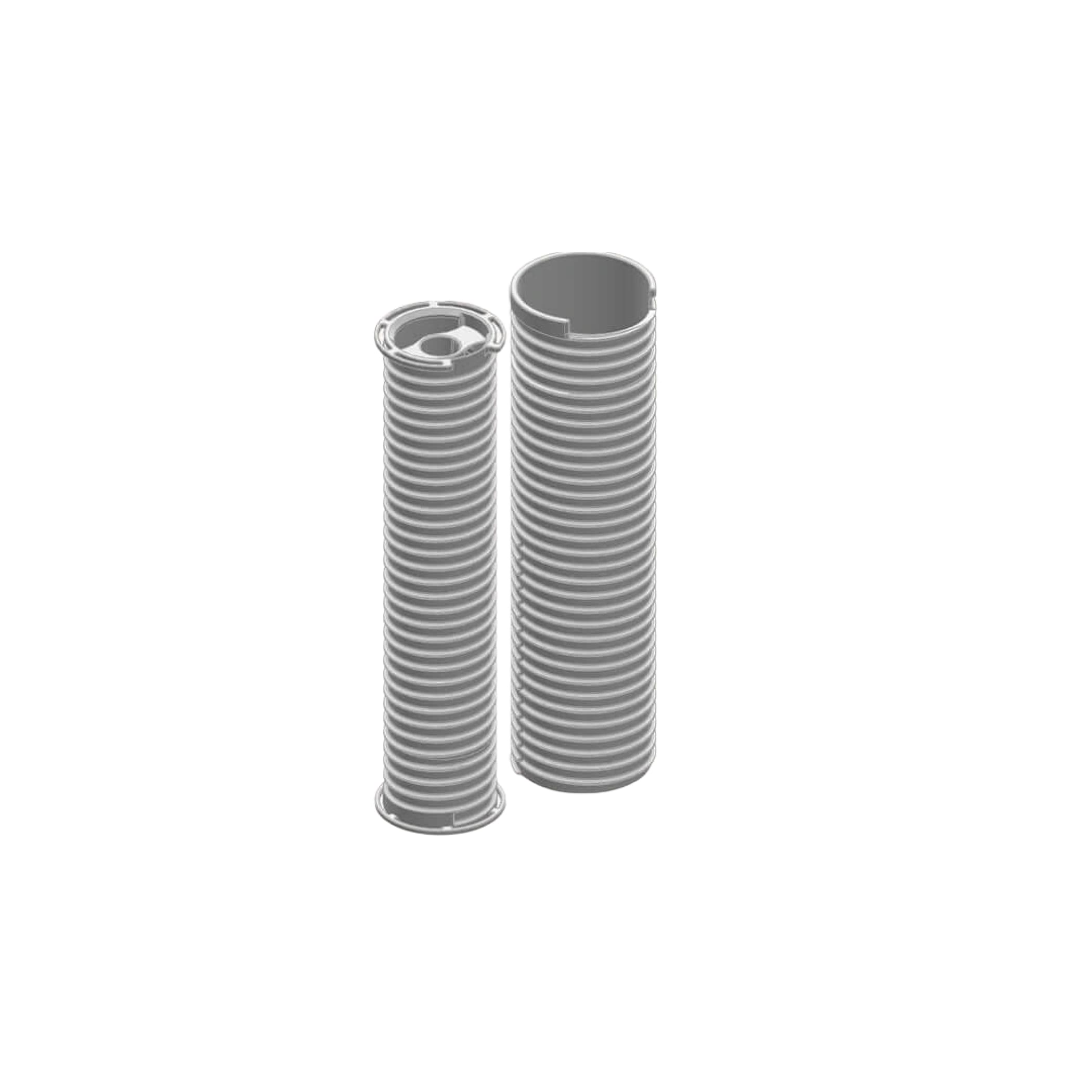 Gray metallic inner and outer reels with ribbed cylindrical designs.