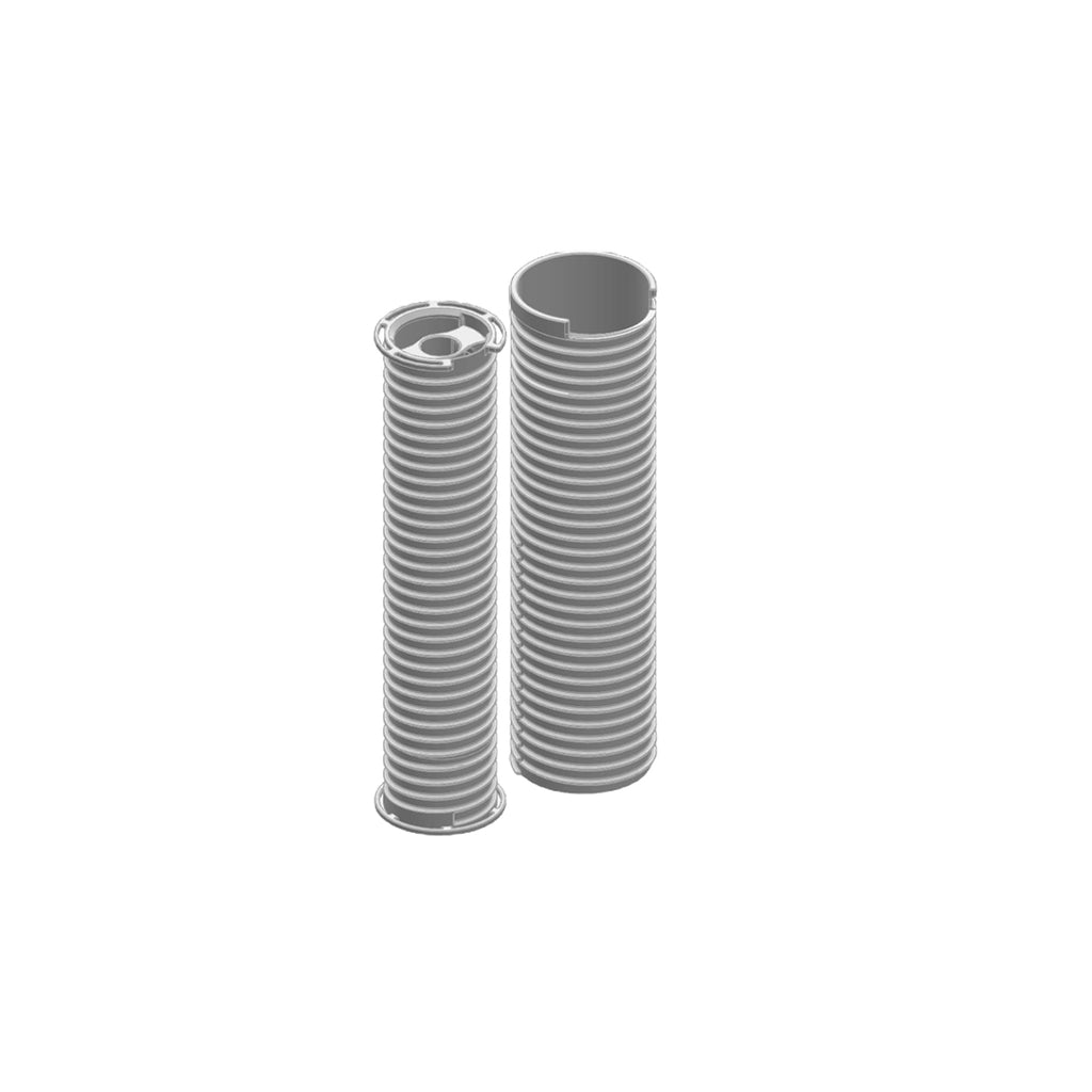 Gray, ribbed cylindrical motorcycle engine guards with a textured surface and open top ends.