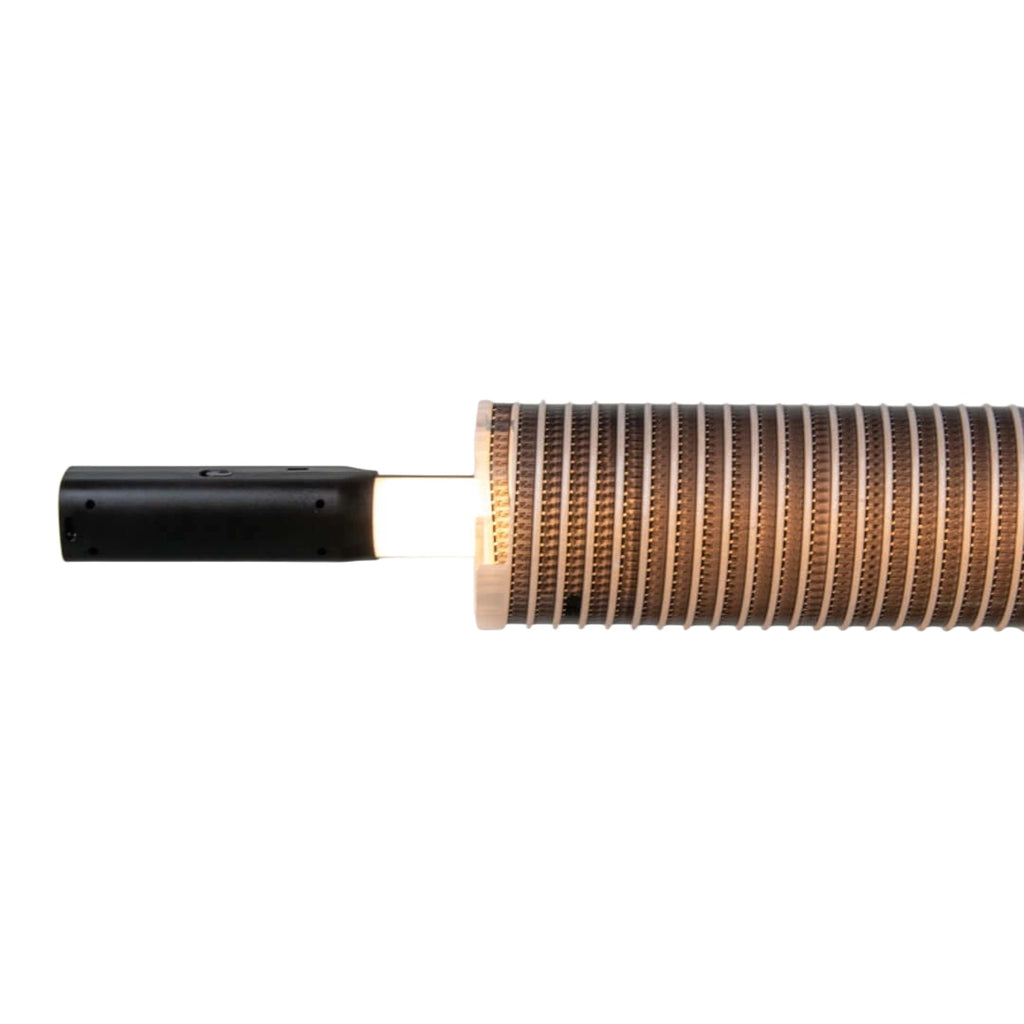 A sleek black cylindrical handle connects to a segmented, copper-toned heat exchanger with fine ridged grooves.