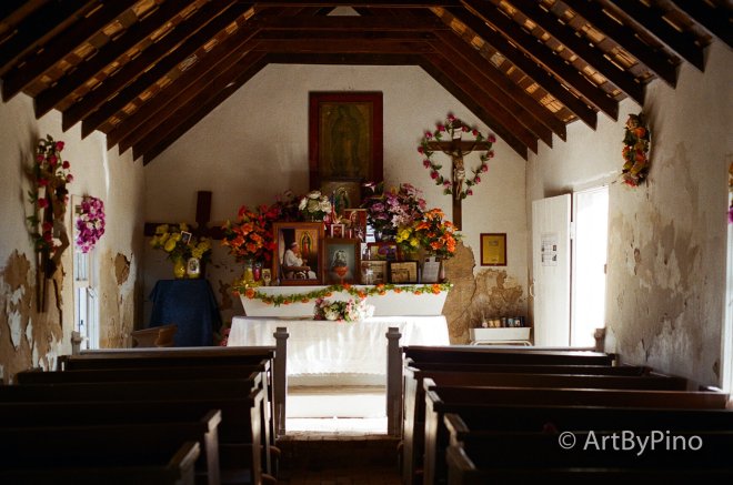 Chapel altar with flowers and icons, film comparison view fullsize